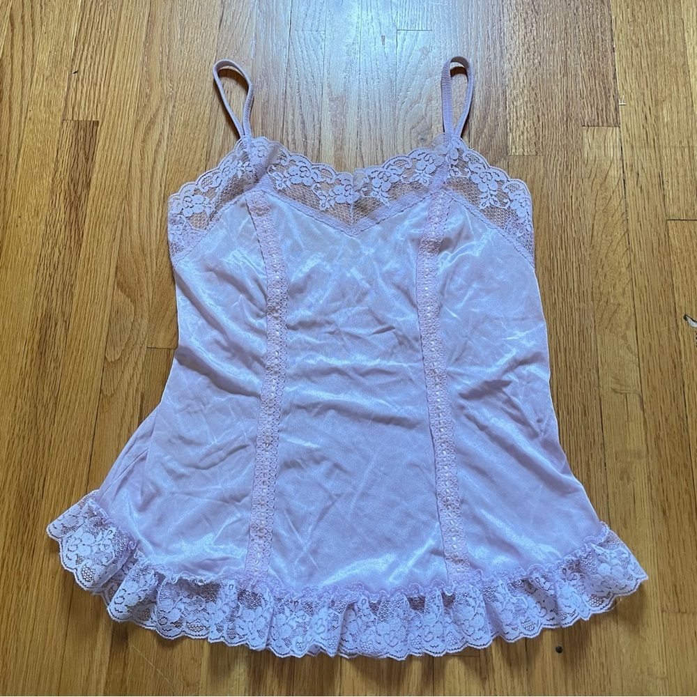 VTG Pink Satin Babydoll Top Y2K Coquette Fairy Size M Balletcore Lace Ruffle Hem